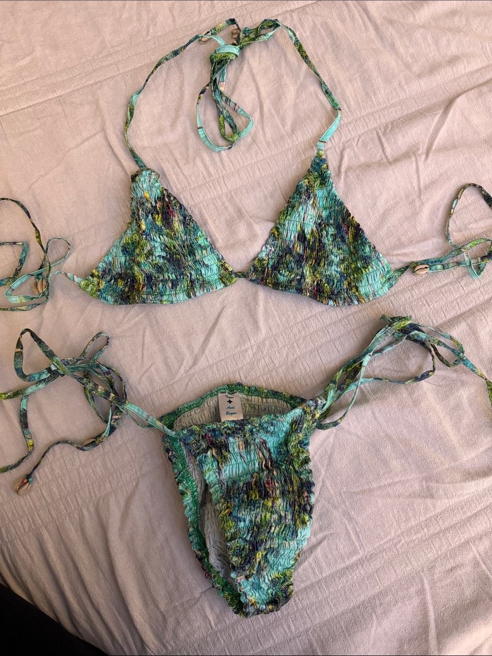 Andi Bagus Paradise Smocked Tie-Side Bikini Set in Aqua Multi Palm